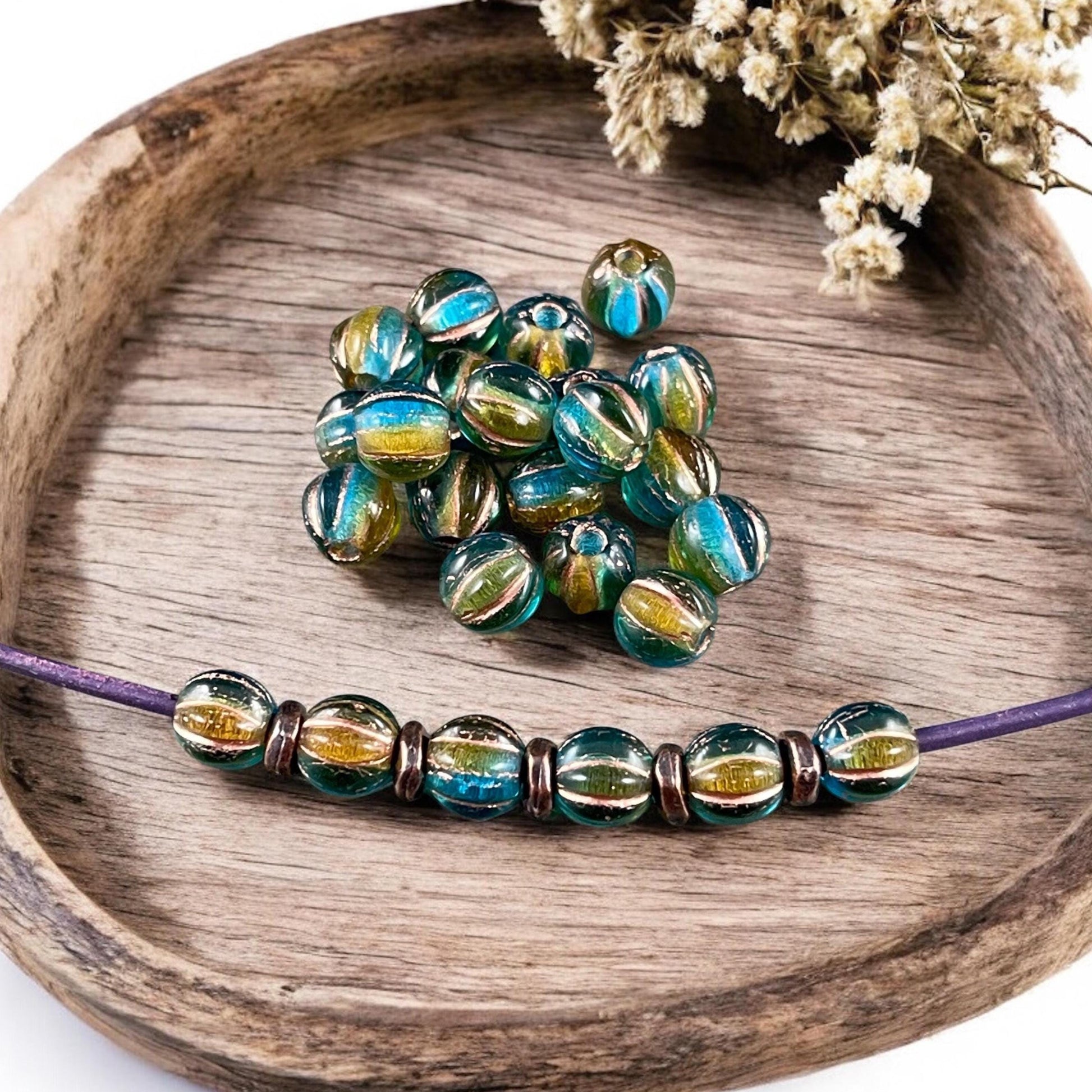6mm Large Hole Melon Czech Glass Beads ~ Teal and Brown Large Hole Round Beads (BH6/N-086) * Qty 25