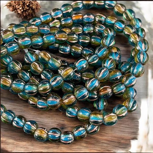 6mm Large Hole Melon Czech Glass Beads ~ Teal and Brown Large Hole Round Beads (BH6/N-086) * Qty 25
