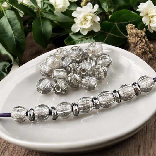Czech Glass Beads - 6mm Clear and Silver Large Hole Melon Beads, Silver Round Beads (BH6/N-062) * Qty. 25