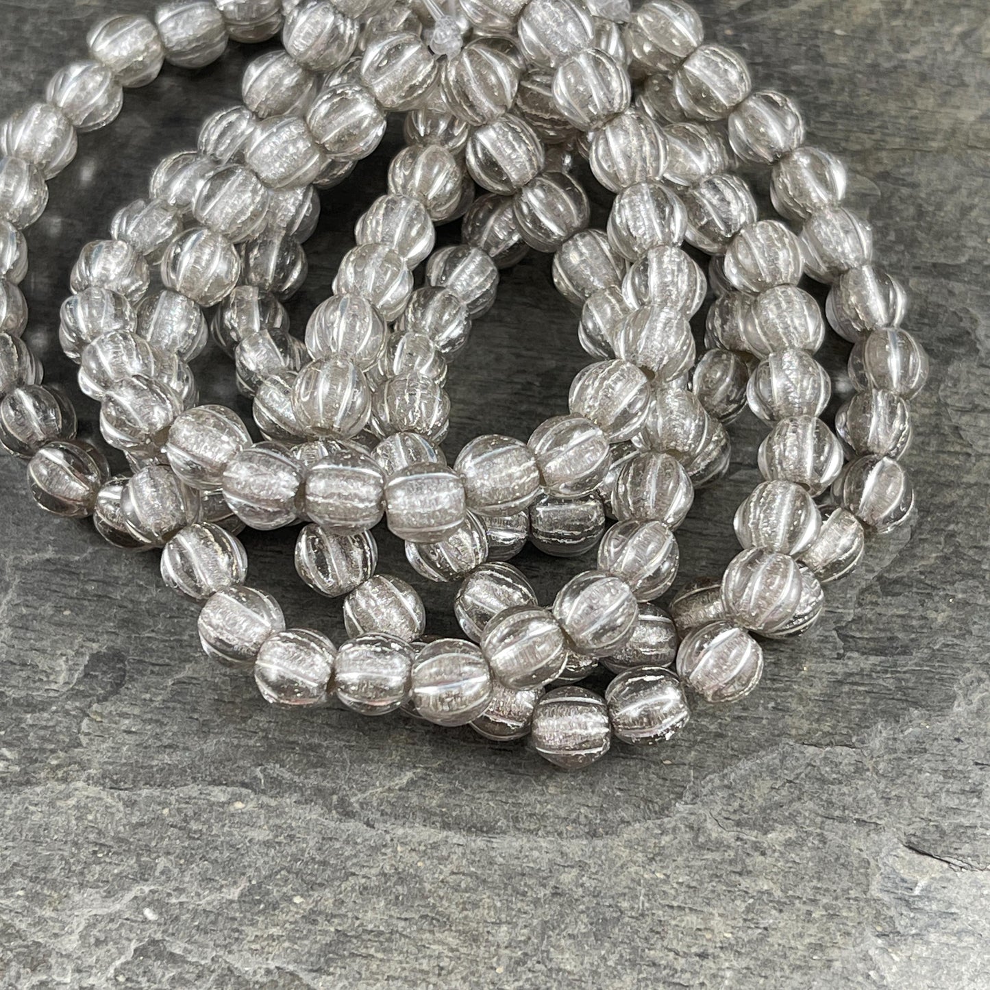 Czech Glass Beads - 6mm Clear and Silver Large Hole Melon Beads, Silver Round Beads (BH6/N-062) * Qty. 25