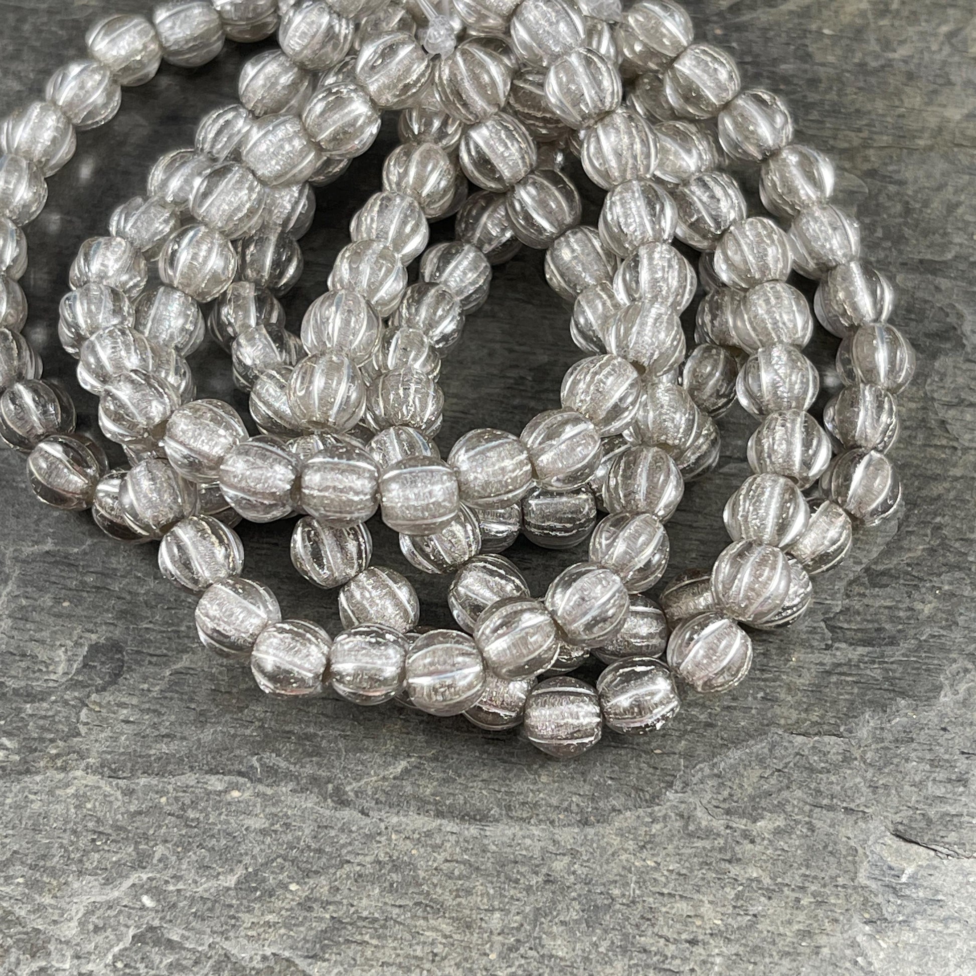 Czech Glass Beads - 6mm Clear and Silver Large Hole Melon Beads, Silver Round Beads (BH6/N-062) * Qty. 25