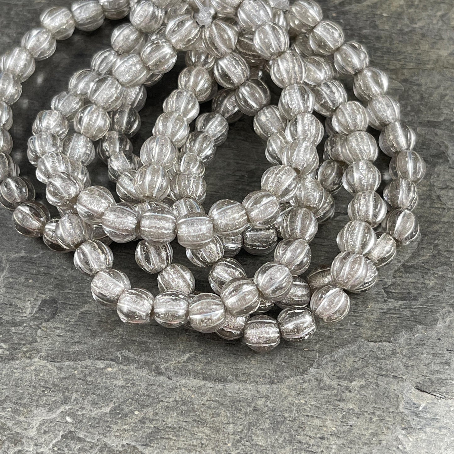 Czech Glass Beads - 6mm Clear and Silver Large Hole Melon Beads, Silver Round Beads (BH6/N-062) * Qty. 25