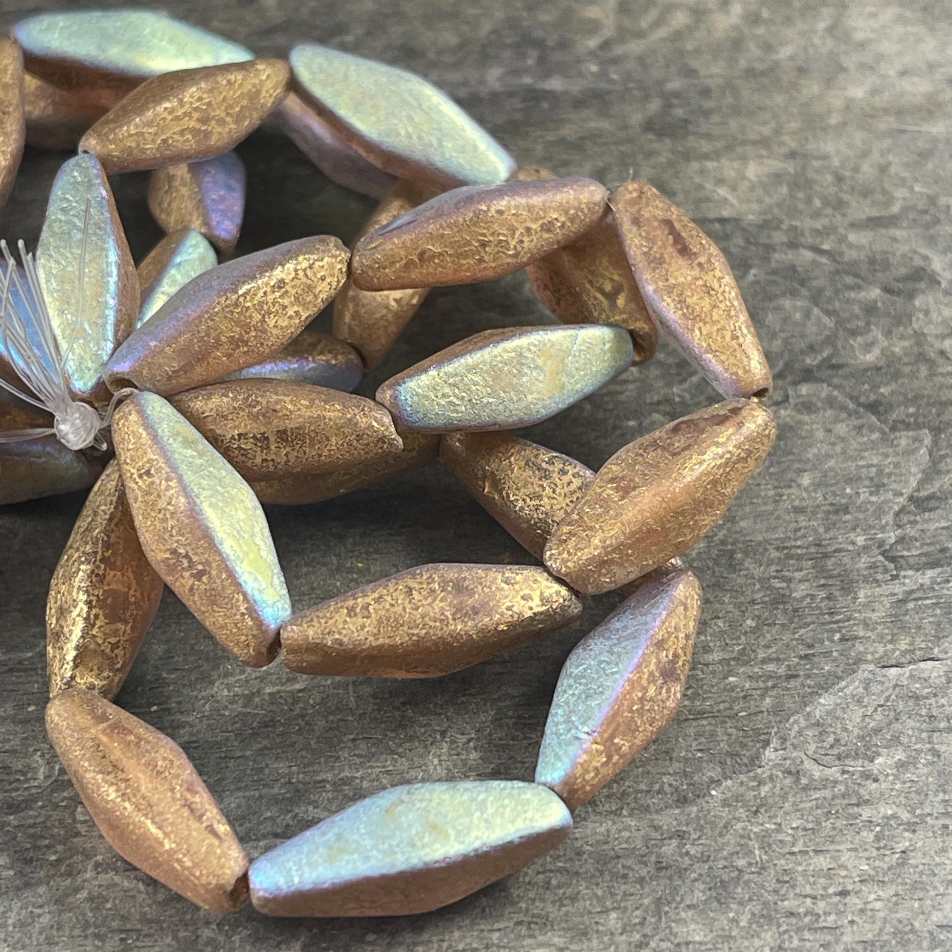 Czech Glass Beads - 20x9mm Rhombus Beads, Elongated Spindle, Matte Pale Pink with Gold Finish (RHO/N-1881B) * 6 Beads