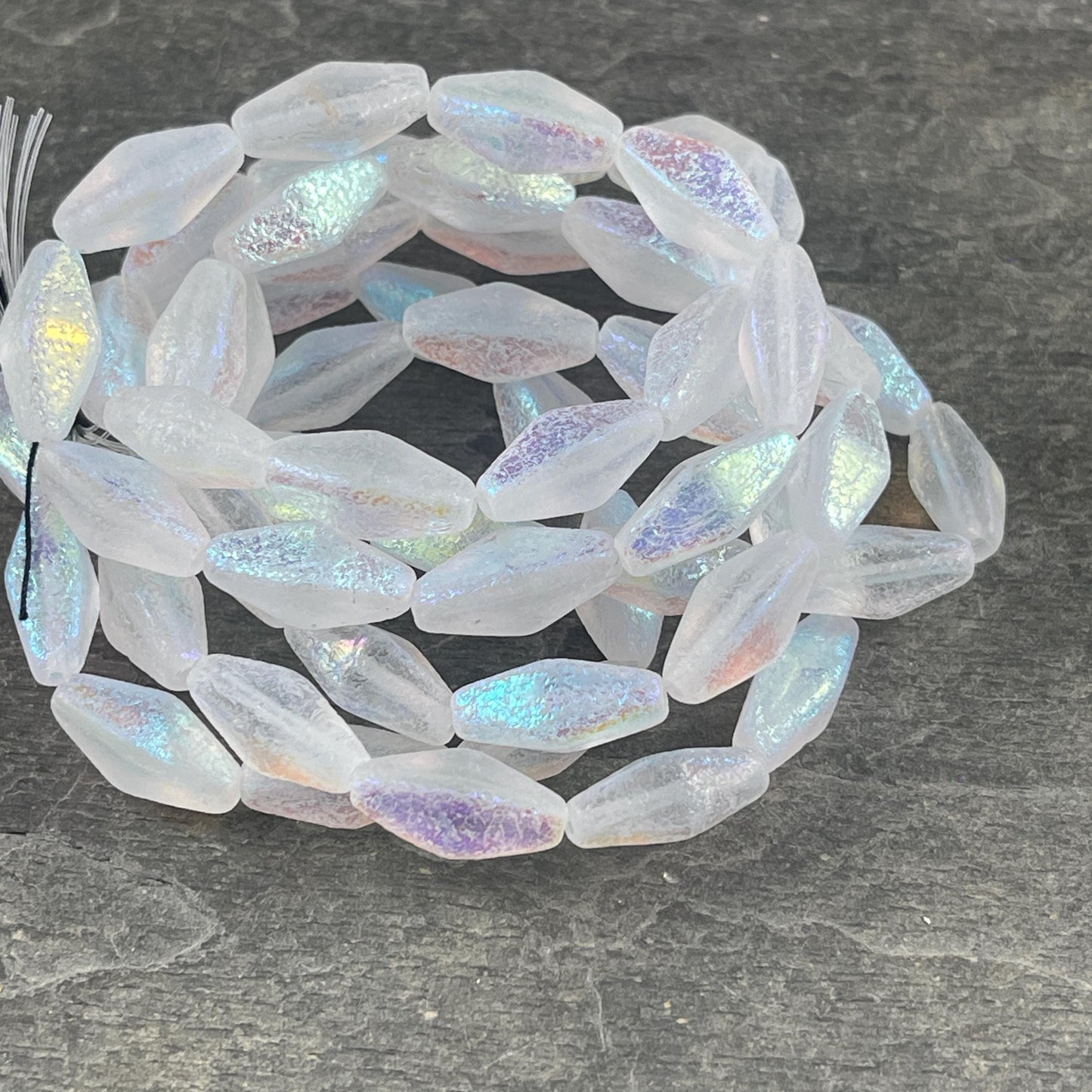 Czech Glass Beads - 14x7mm Rhombus Beads, Transparent White, Etched withAB Finish (RHO/N-2084) * Qty. 10 Beads