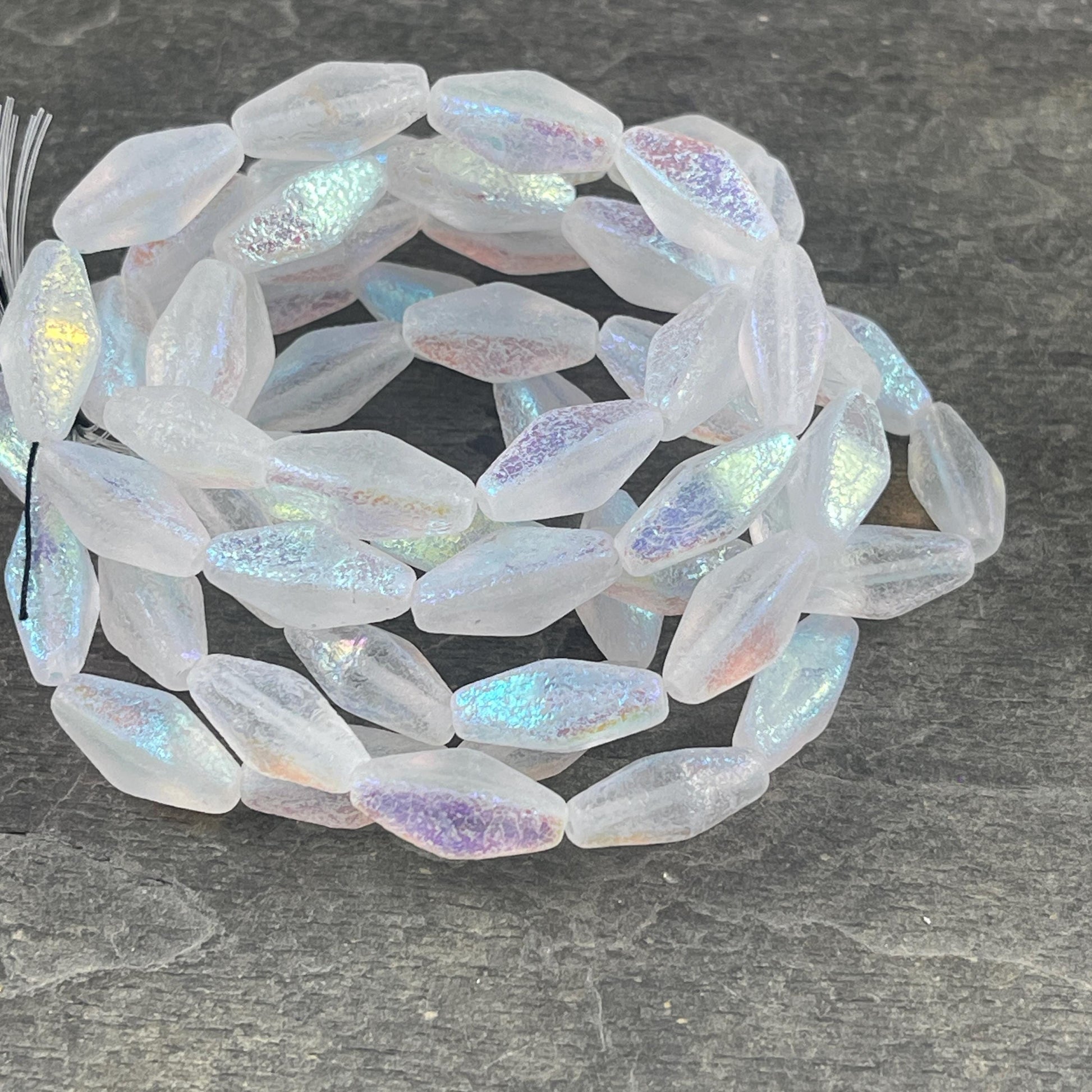 Czech Glass Beads - 14x7mm Rhombus Beads, Transparent White, Etched withAB Finish (RHO/N-2084) * Qty. 10 Beads