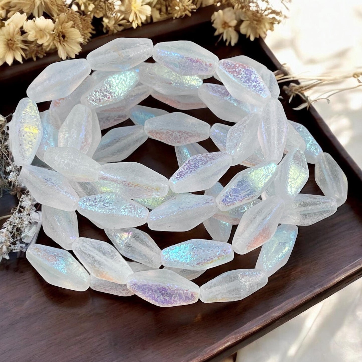Czech Glass Beads - 14x7mm Rhombus Beads, Transparent White, Etched withAB Finish (RHO/N-2084) * Qty. 10 Beads