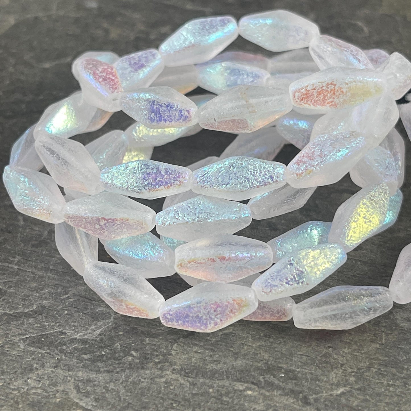 Czech Glass Beads - 14x7mm Rhombus Beads, Transparent White, Etched withAB Finish (RHO/N-2084) * Qty. 10 Beads