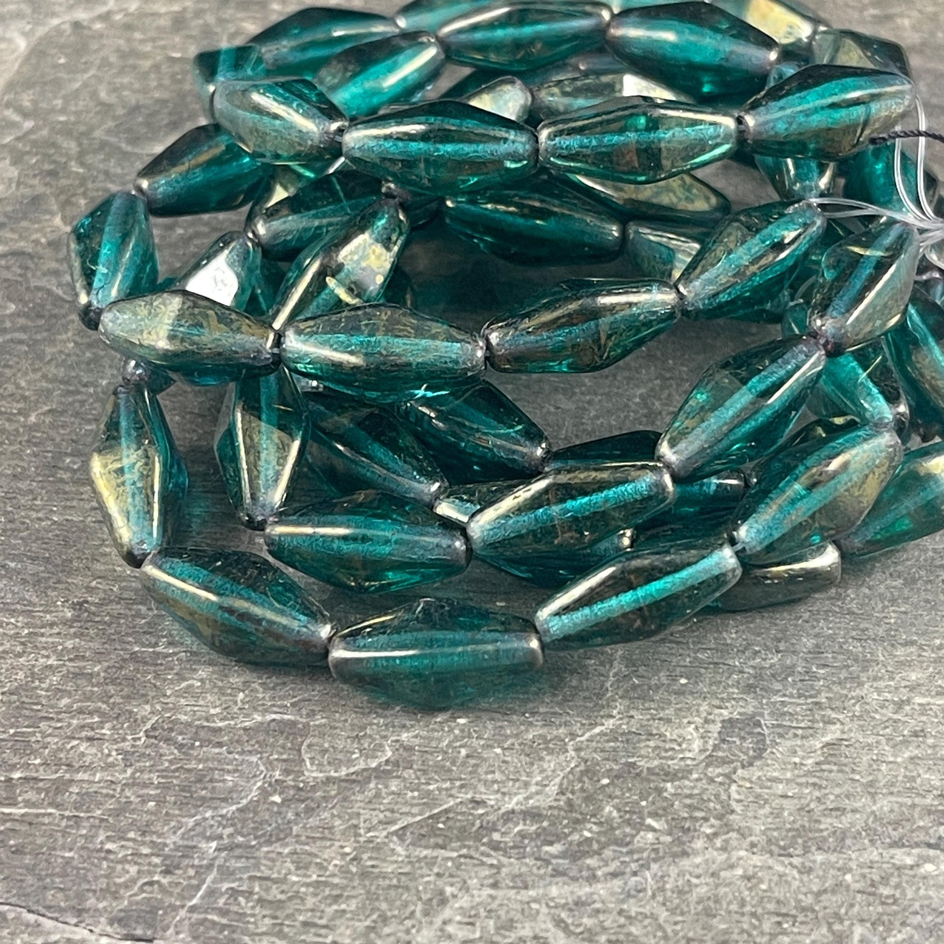 Czech Glass Beads - 14x7mm Rhombus Beads, Transparent Emerald Green with Golden Luster (RHO/N-1073) * Qty. 10 Beads