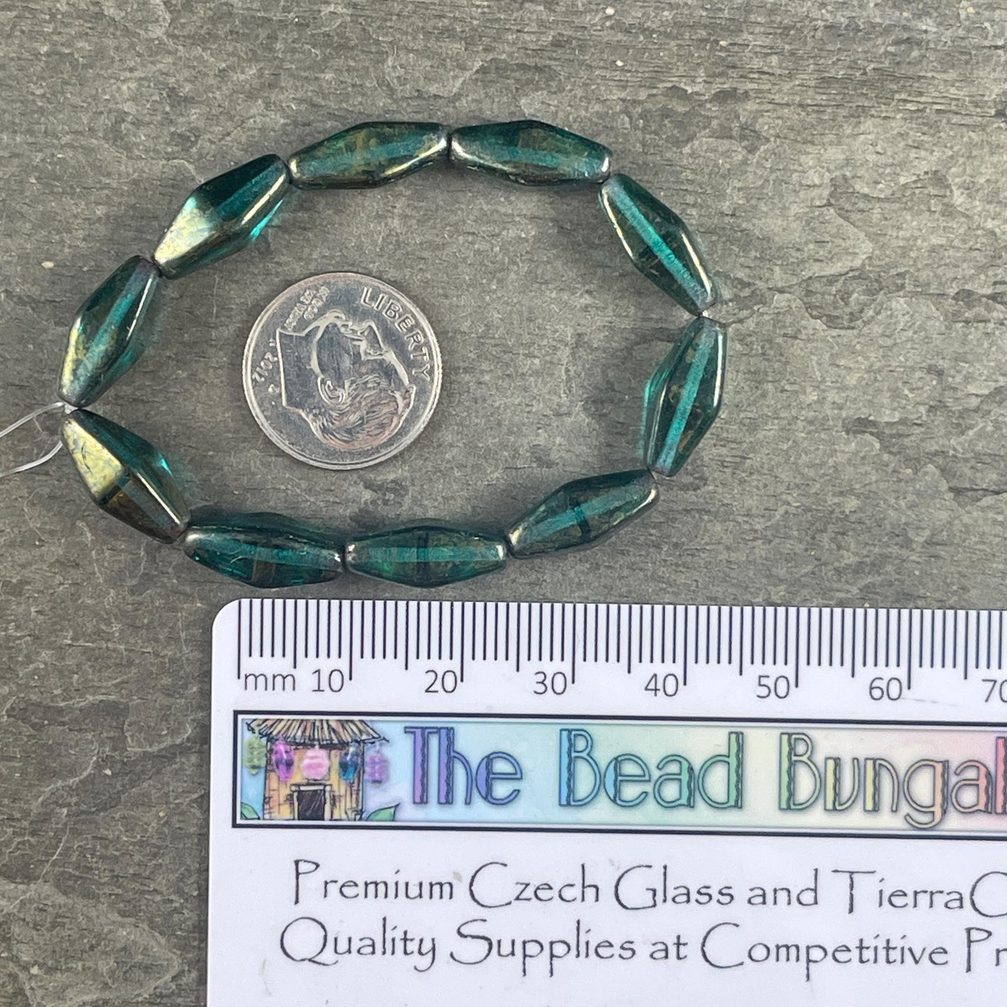Czech Glass Beads - 14x7mm Rhombus Beads, Transparent Emerald Green with Golden Luster (RHO/N-1073) * Qty. 10 Beads