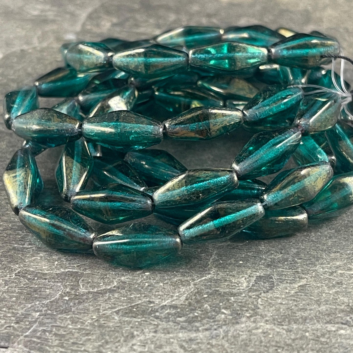 Czech Glass Beads - 14x7mm Rhombus Beads, Transparent Emerald Green with Golden Luster (RHO/N-1073) * Qty. 10 Beads