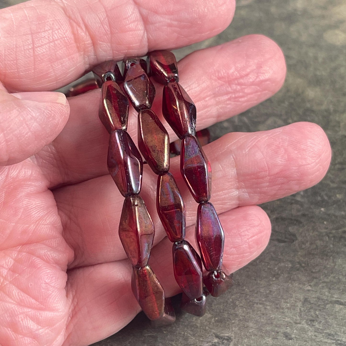 Czech Glass Beads - 14x7mm Rhombus Beads, Transparent Ruby Red with Metallic Rust and Purple Finish (RHO/N-2078) * Qty. 10 Beads