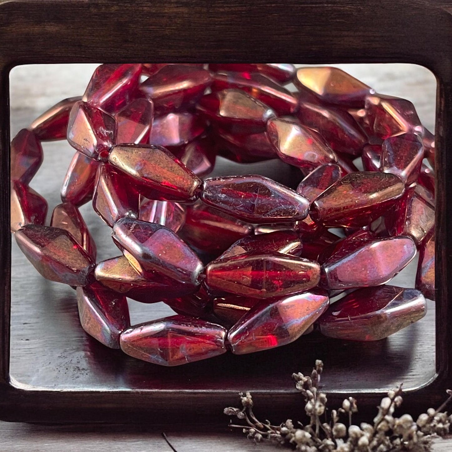 Czech Glass Beads - 14x7mm Rhombus Beads, Transparent Ruby Red with Metallic Rust and Purple Finish (RHO/N-2078) * Qty. 10 Beads