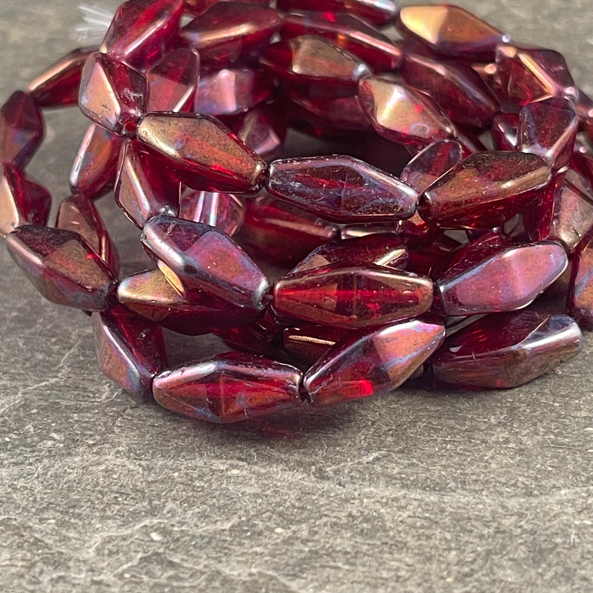 Czech Glass Beads - 14x7mm Rhombus Beads, Transparent Ruby Red with Metallic Rust and Purple Finish (RHO/N-2078) * Qty. 10 Beads
