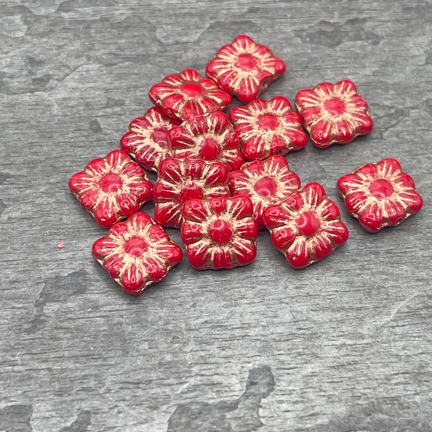 Czech Glass Beads - 10mm Zinnia Square, Red Flower Bead with Copper Wash (Zsq12) * Qty. 13