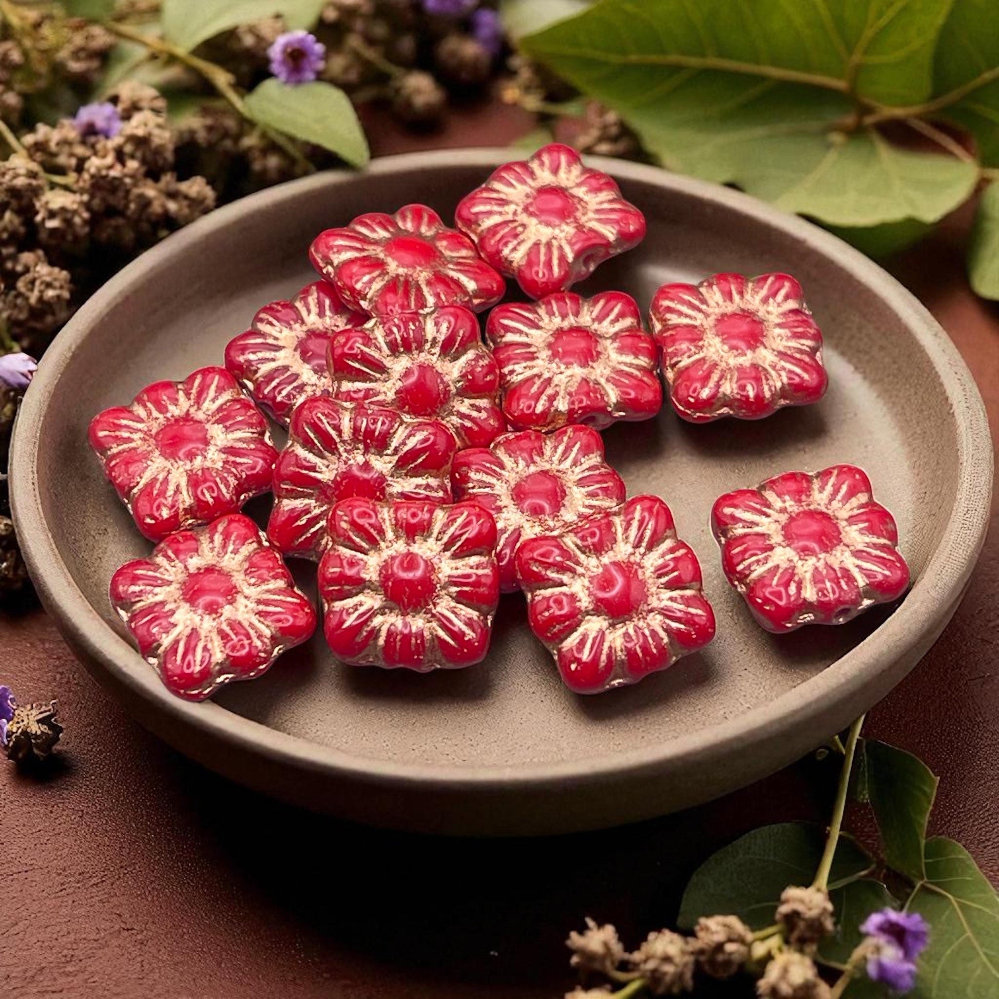 Czech Glass Beads - 10mm Zinnia Square, Red Flower Bead with Copper Wash (Zsq12) * Qty. 13