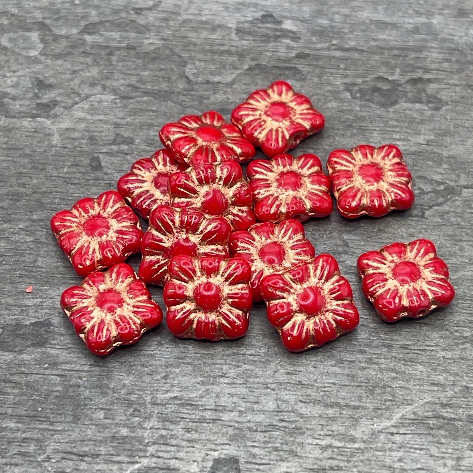 Czech Glass Beads - 10mm Zinnia Square, Red Flower Bead with Copper Wash (Zsq12) * Qty. 13