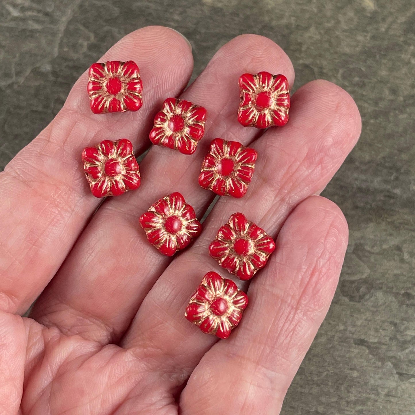 Czech Glass Beads - 10mm Zinnia Square, Red Flower Bead with Copper Wash (Zsq12) * Qty. 13
