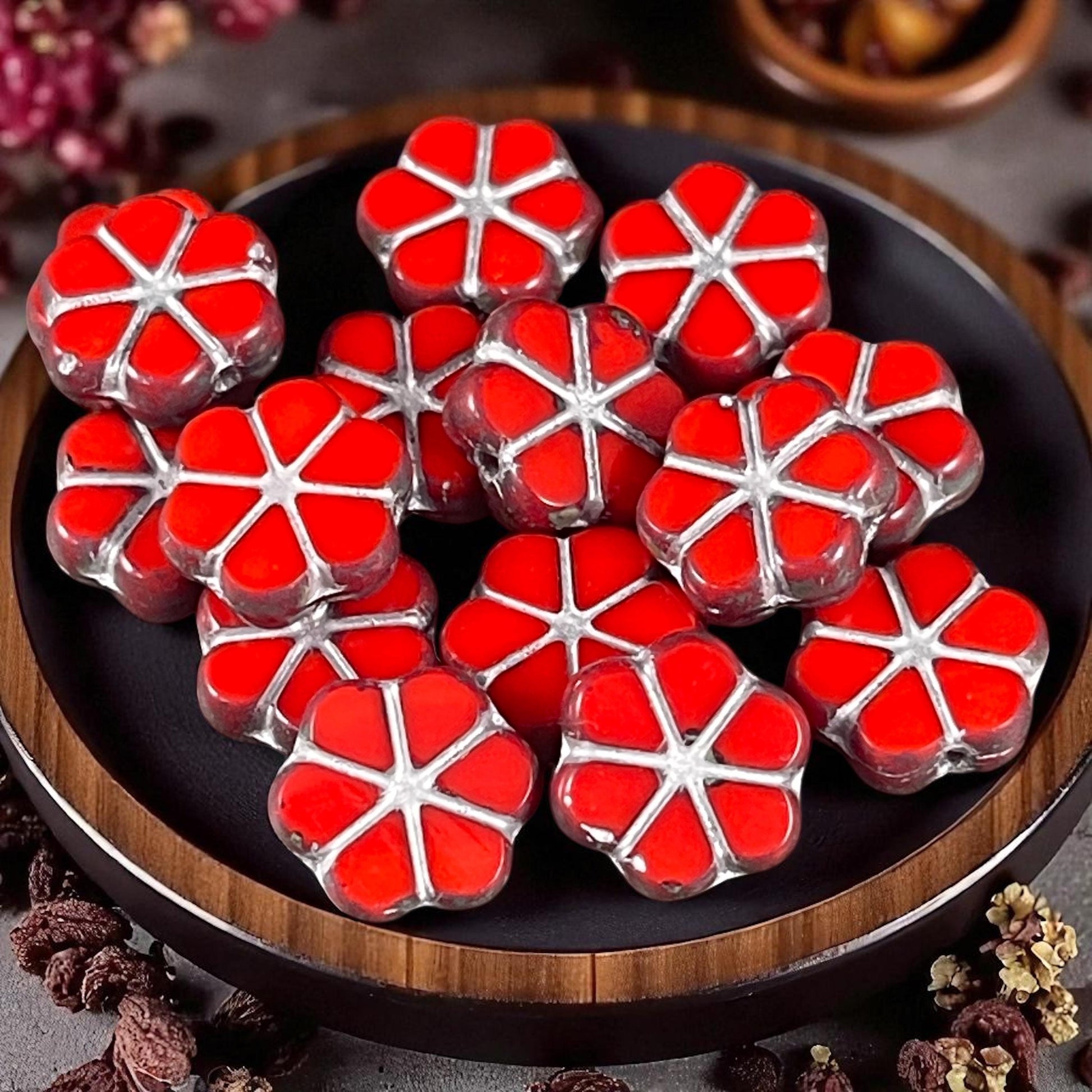 Czech Flower Beads, 10mm Opaque Coral Red Picasso Flower, Reddish-Orange with Travertine Picasso and Silver Wash (TCFMN-34) * Qty. 10