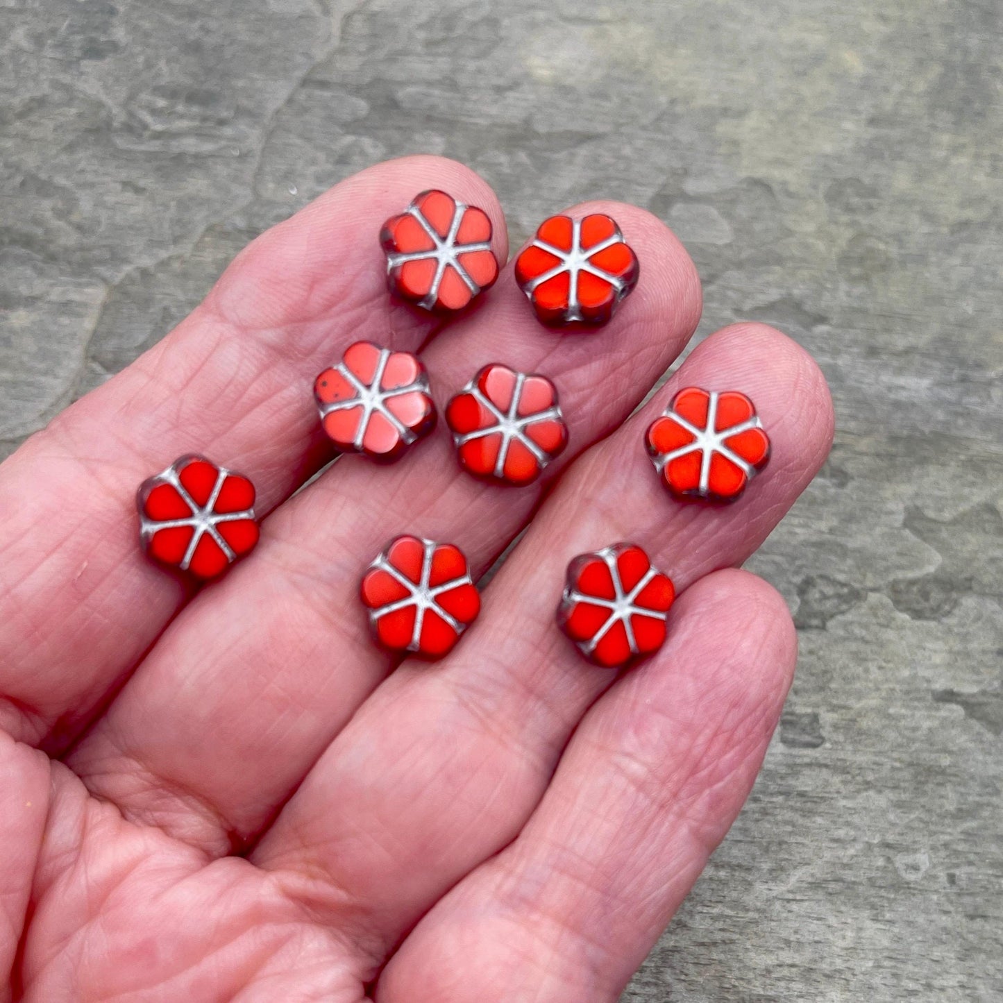 Czech Flower Beads, 10mm Opaque Coral Red Picasso Flower, Reddish-Orange with Travertine Picasso and Silver Wash (TCFMN-34) * Qty. 10