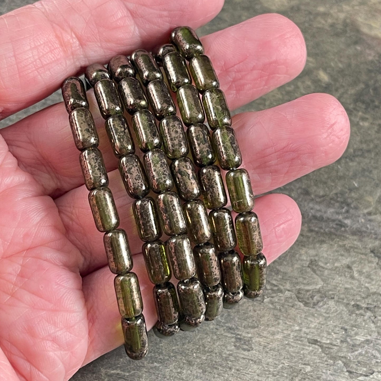 Czech Glass Beads - Olive Green 9x5mm Tube Bead, Transparent Olive Green with Gold Wash (TBE/N-2113) * Qty. 16