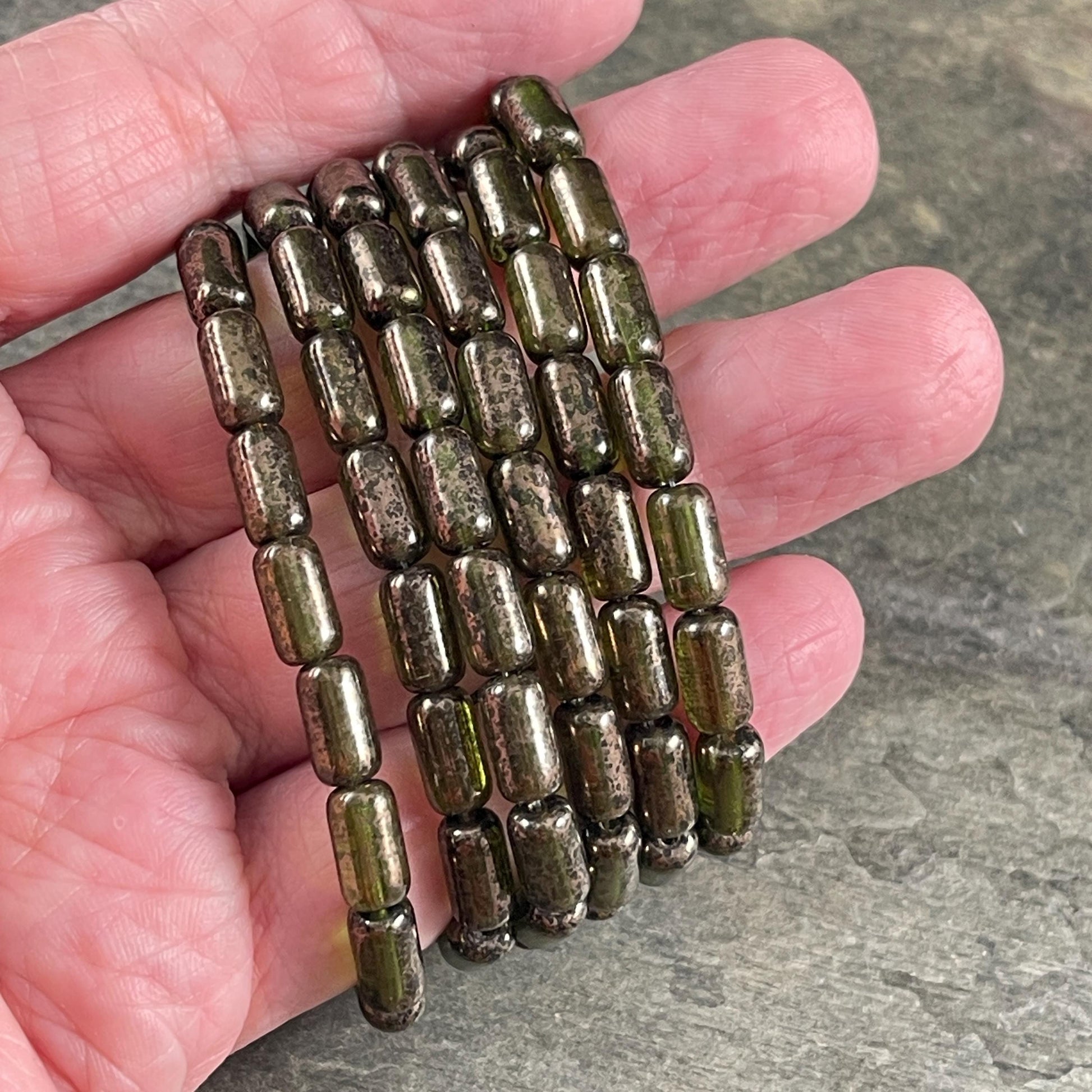 Czech Glass Beads - Olive Green 9x5mm Tube Bead, Transparent Olive Green with Gold Wash (TBE/N-2113) * Qty. 16