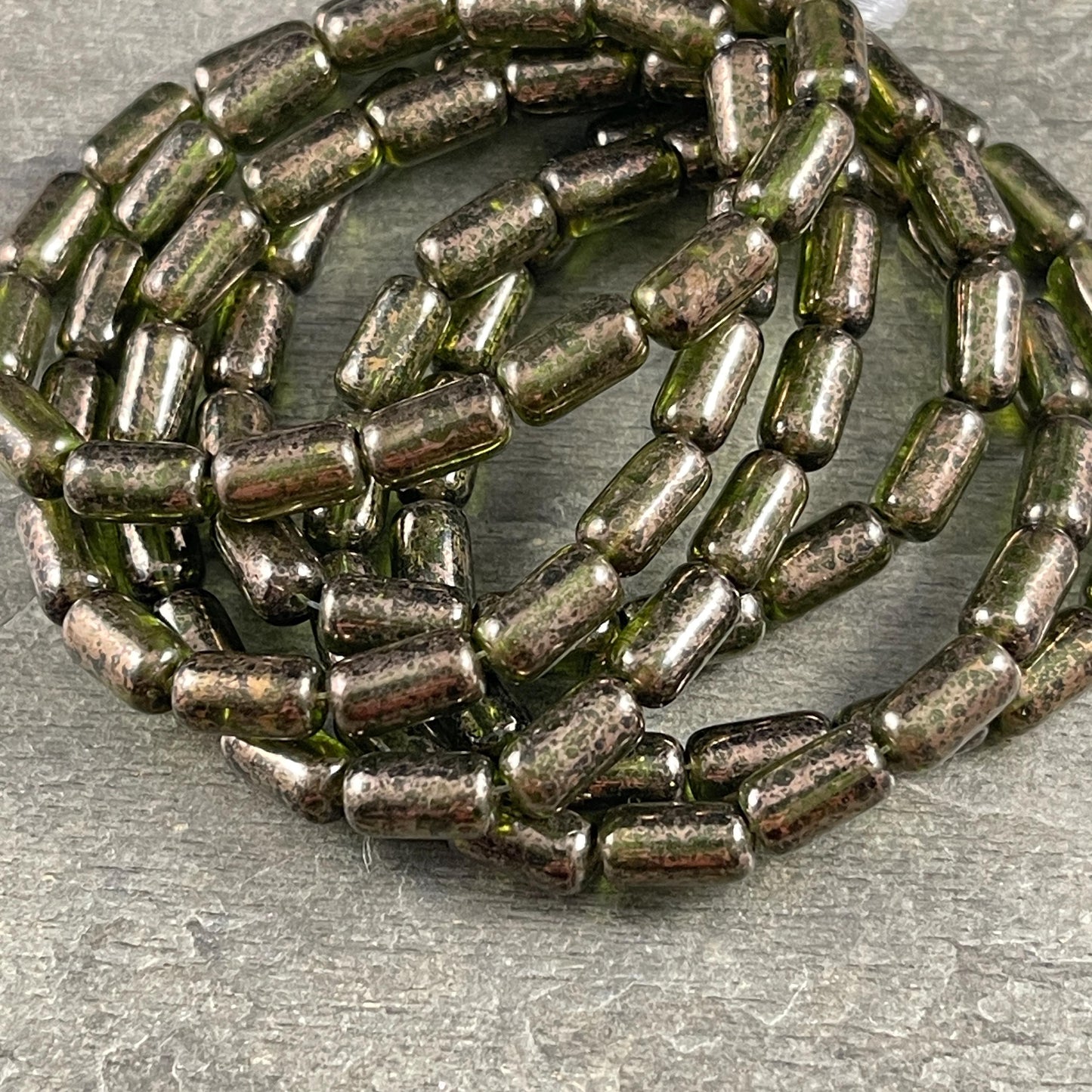 Czech Glass Beads - Olive Green 9x5mm Tube Bead, Transparent Olive Green with Gold Wash (TBE/N-2113) * Qty. 16