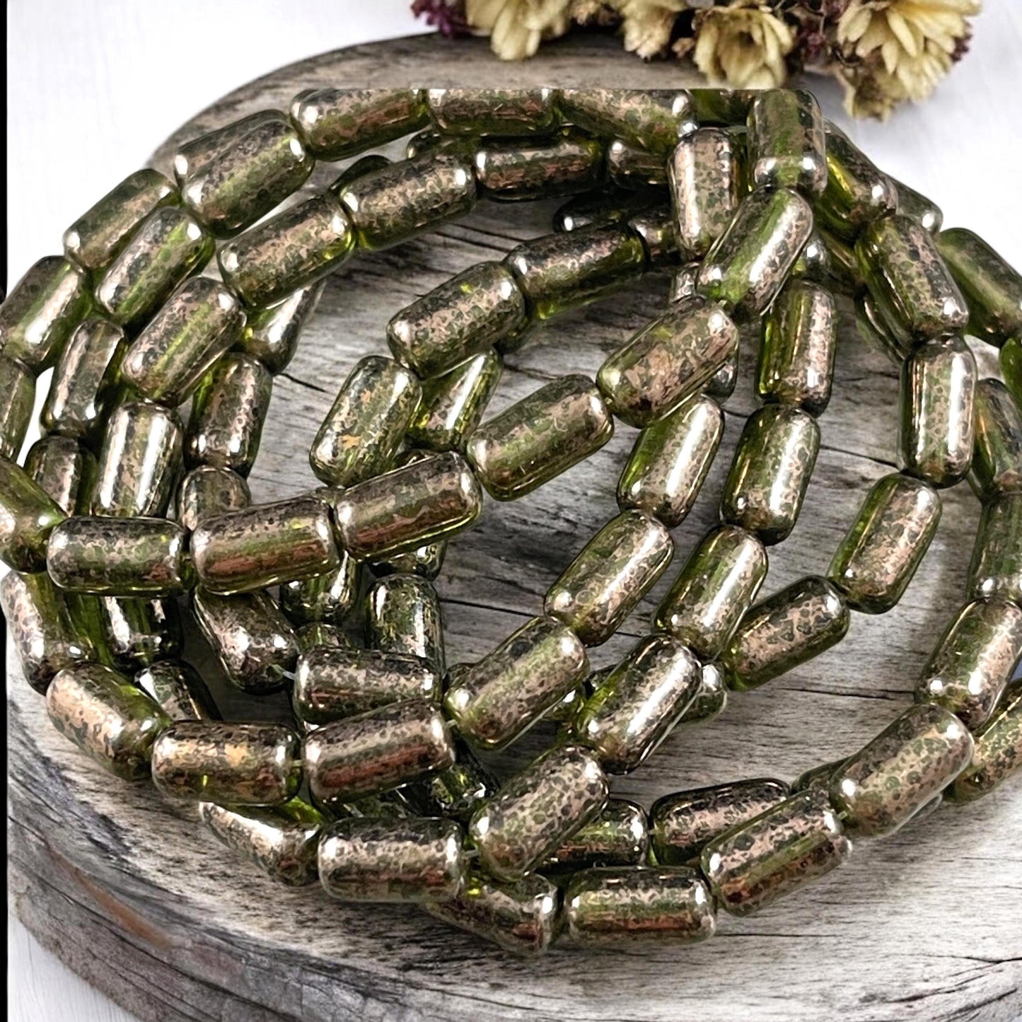 Czech Glass Beads - Olive Green 9x5mm Tube Bead, Transparent Olive Green with Gold Wash (TBE/N-2113) * Qty. 16