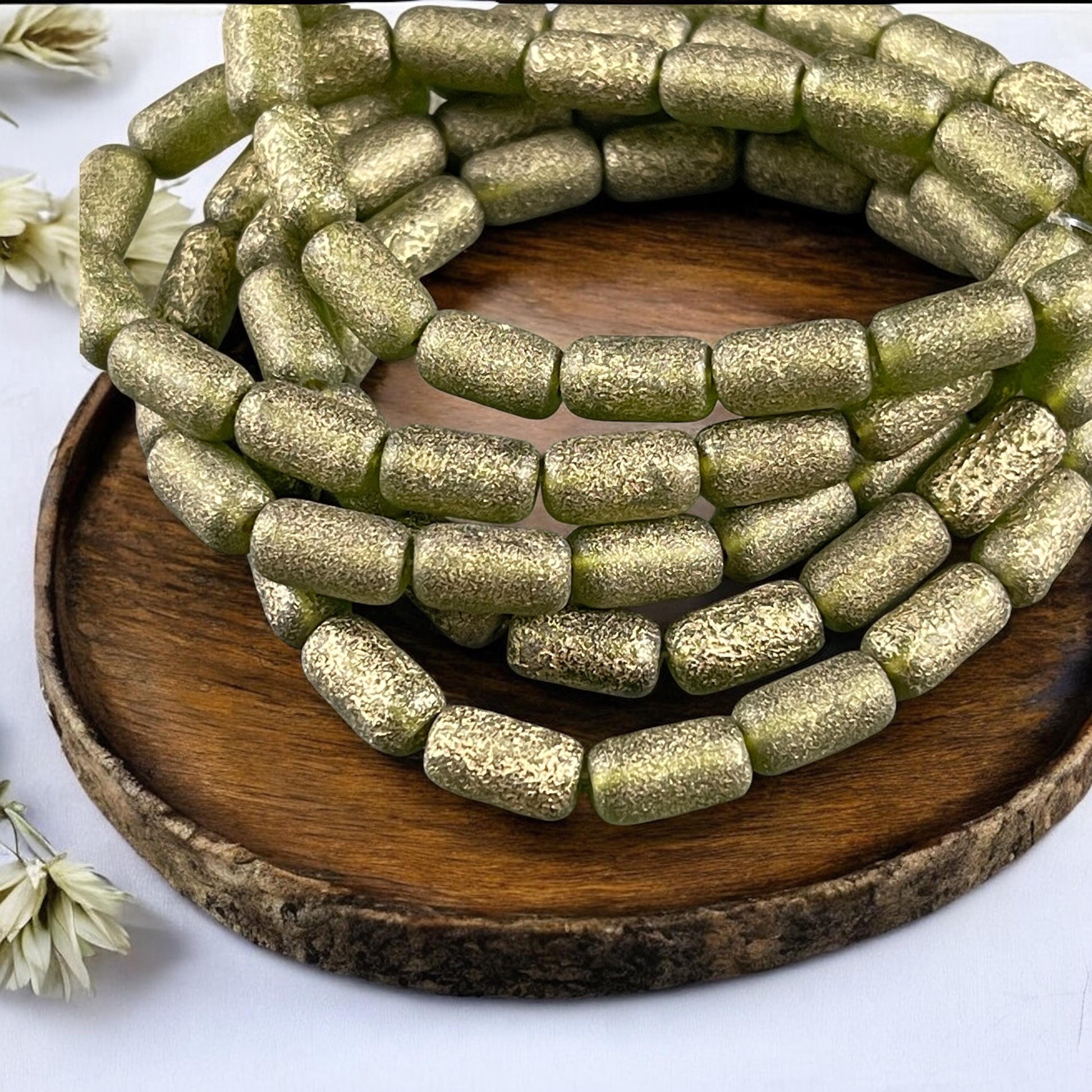 Czech Glass Beads - Etched Peridot Green 9x5mm Tube Bead, Peridot Green with Gold Wash (TBE/N-2114) * Qty. 16