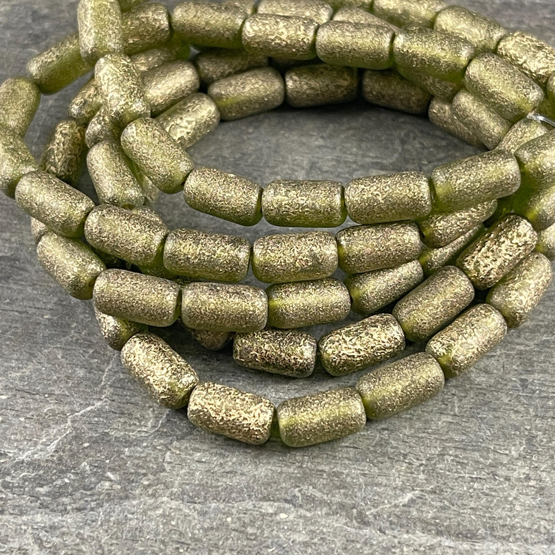 Czech Glass Beads - Etched Peridot Green 9x5mm Tube Bead, Peridot Green with Gold Wash (TBE/N-2114) * Qty. 16