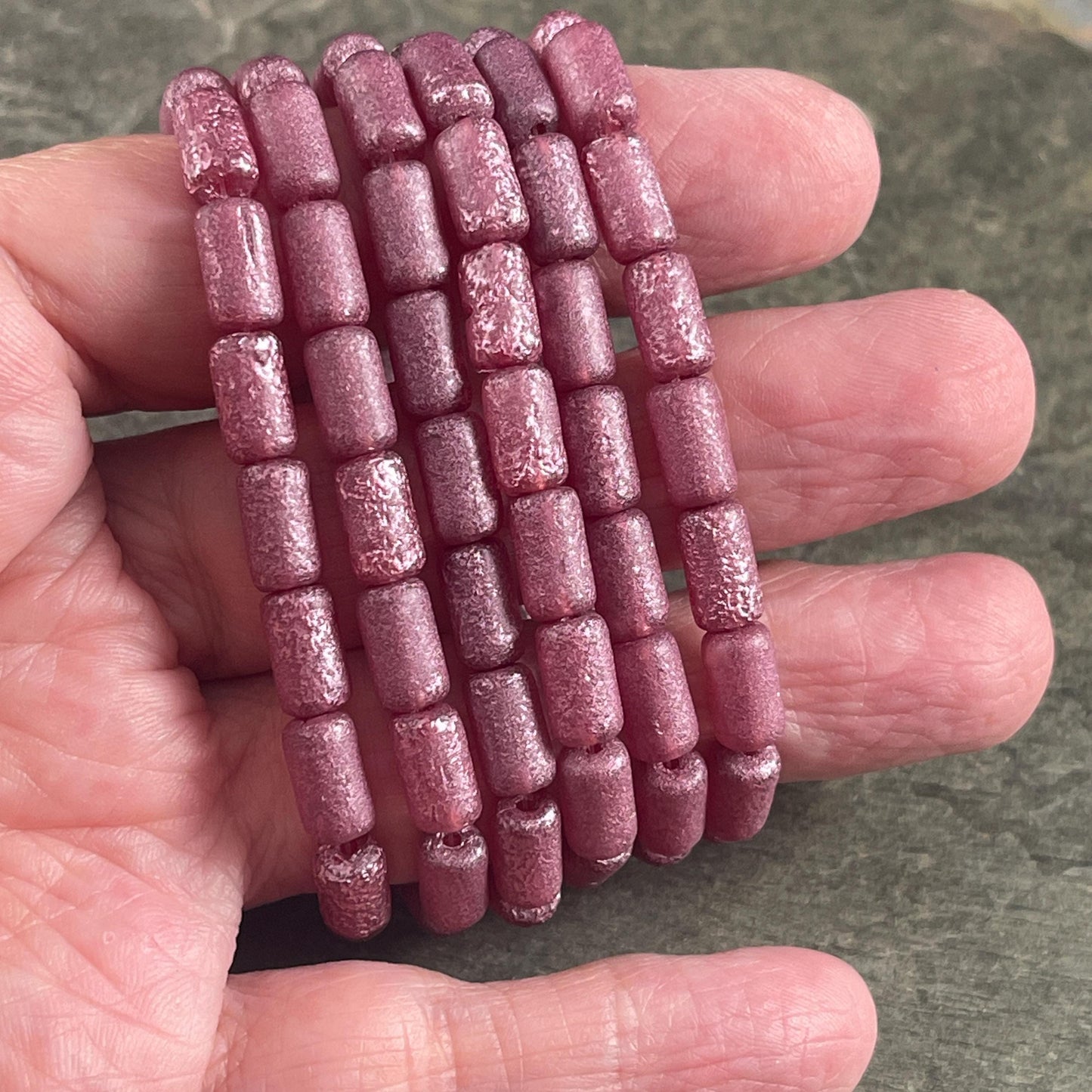 Czech Glass Beads - Etched Pink 9x5mm Tube Bead, Pink Glass with Metallic Pink Wash (TBE/N-2117) * Qty. 16