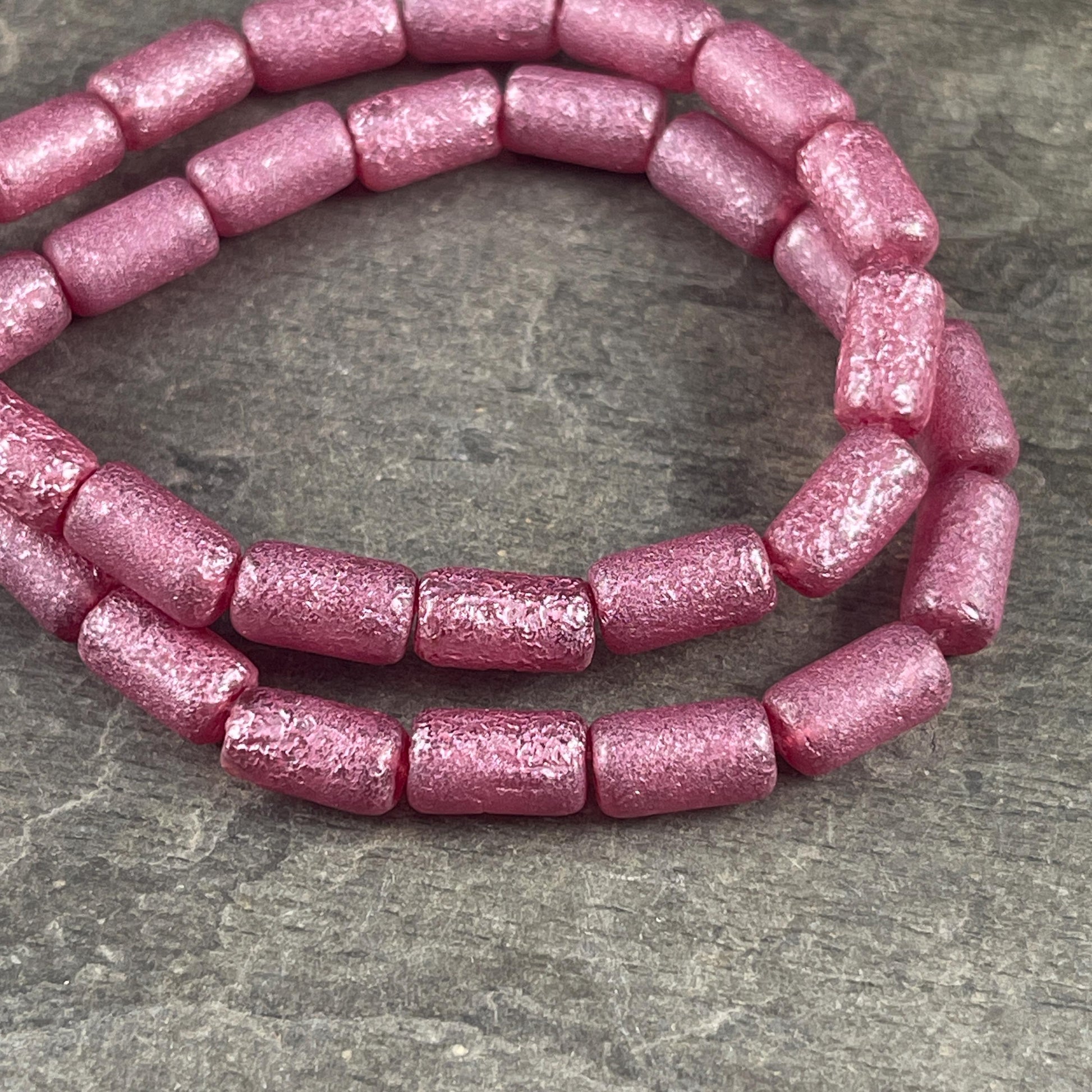 Czech Glass Beads - Etched Pink 9x5mm Tube Bead, Pink Glass with Metallic Pink Wash (TBE/N-2117) * Qty. 16