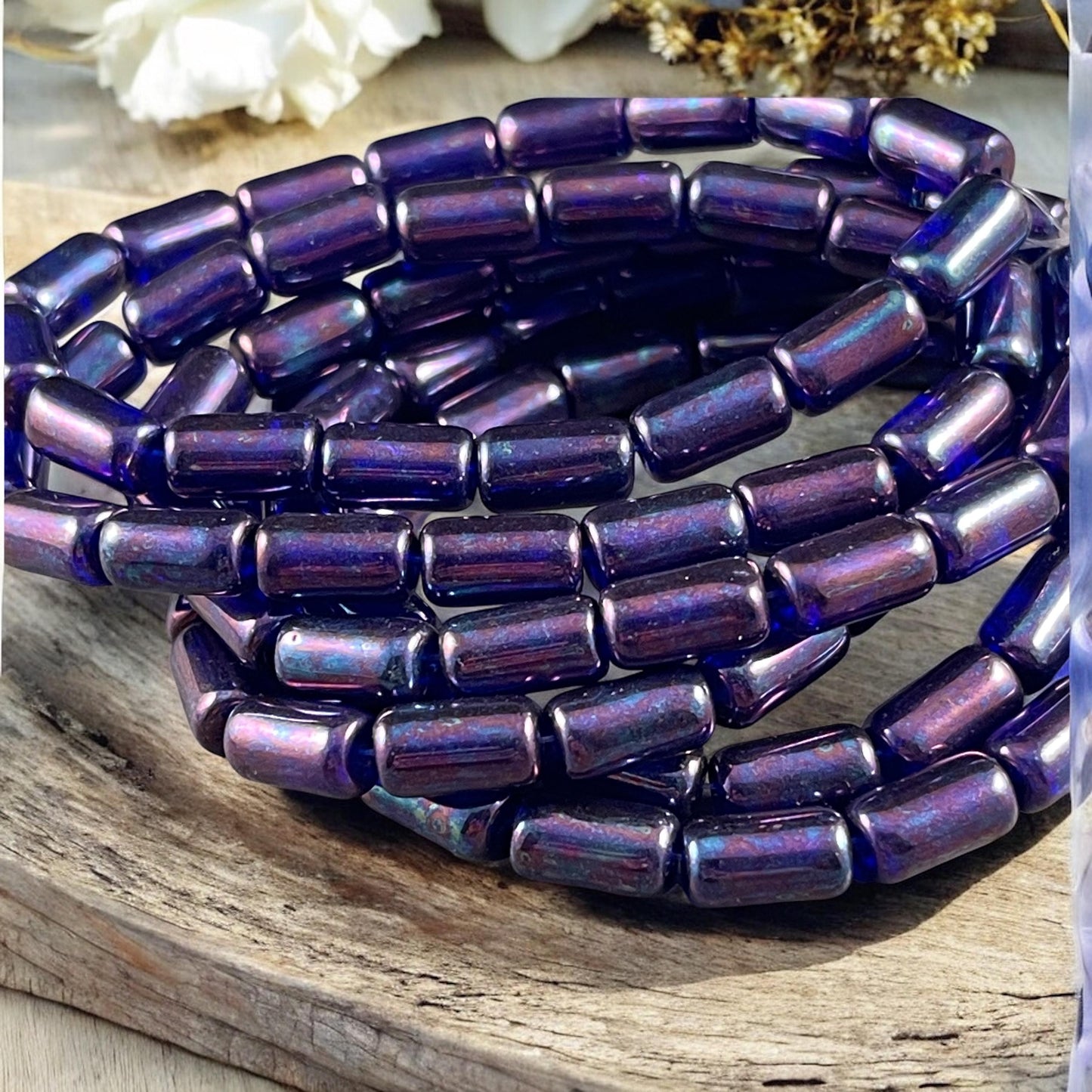 Czech Glass Beads - 9x5mm Tube Bead, Dark Sapphire Blue with Mother of Pearl Iridescent Finish (TBE/N-2115) * Qty. 16