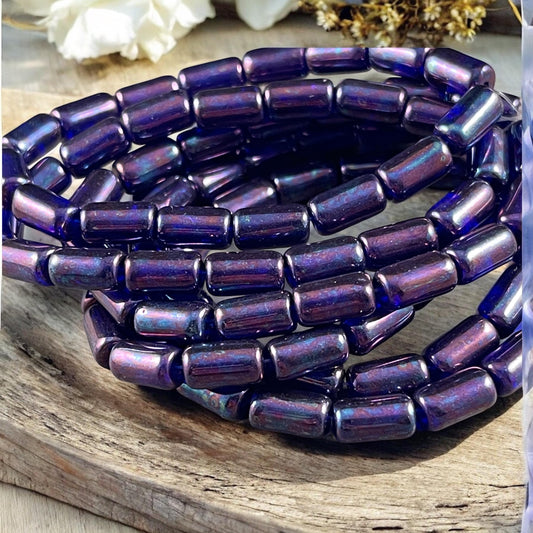 Czech Glass Beads - Dark Blue 9x5mm Tube Bead, Dark Sapphire Blue with Mother of Pearl Iridescent Finish (TBE/N-2115) * Qty. 16