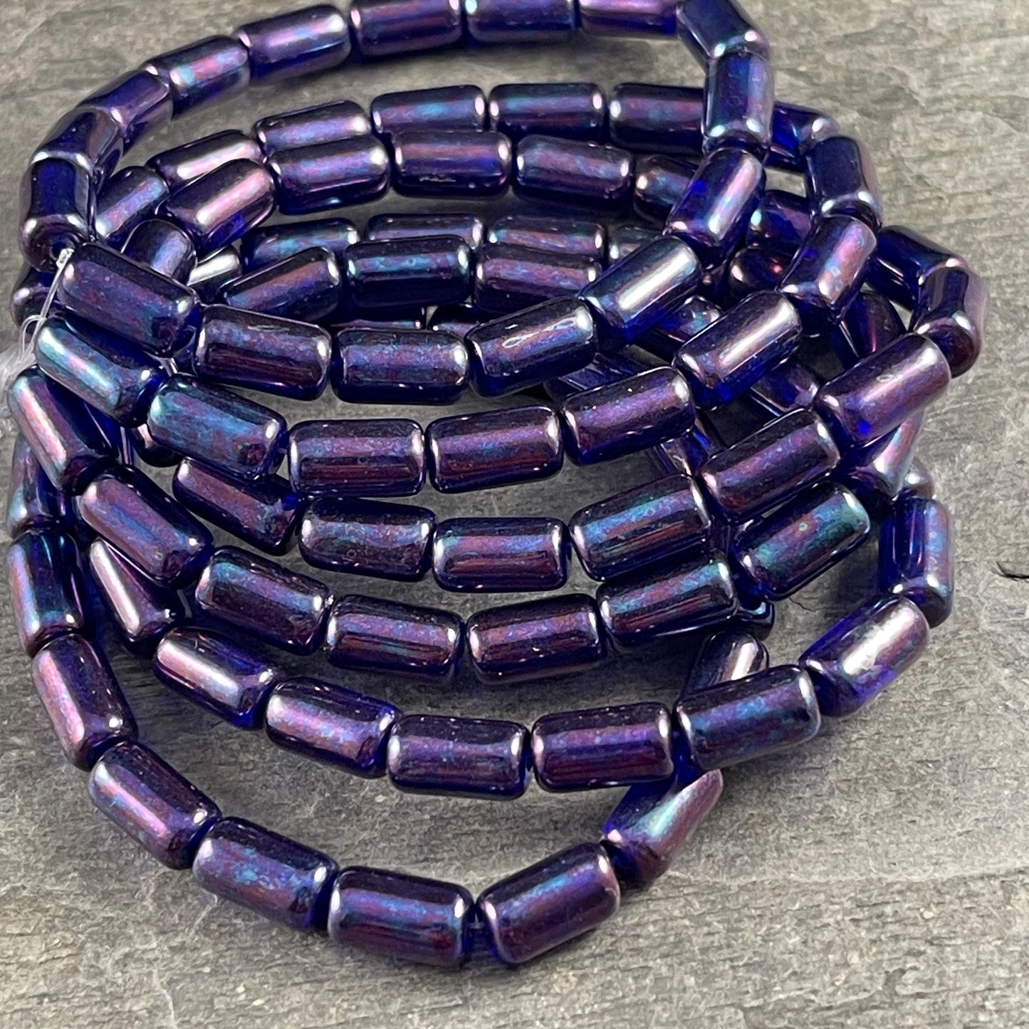 Czech Glass Beads - Dark Blue 9x5mm Tube Bead, Dark Sapphire Blue with Mother of Pearl Iridescent Finish (TBE/N-2115) * Qty. 16