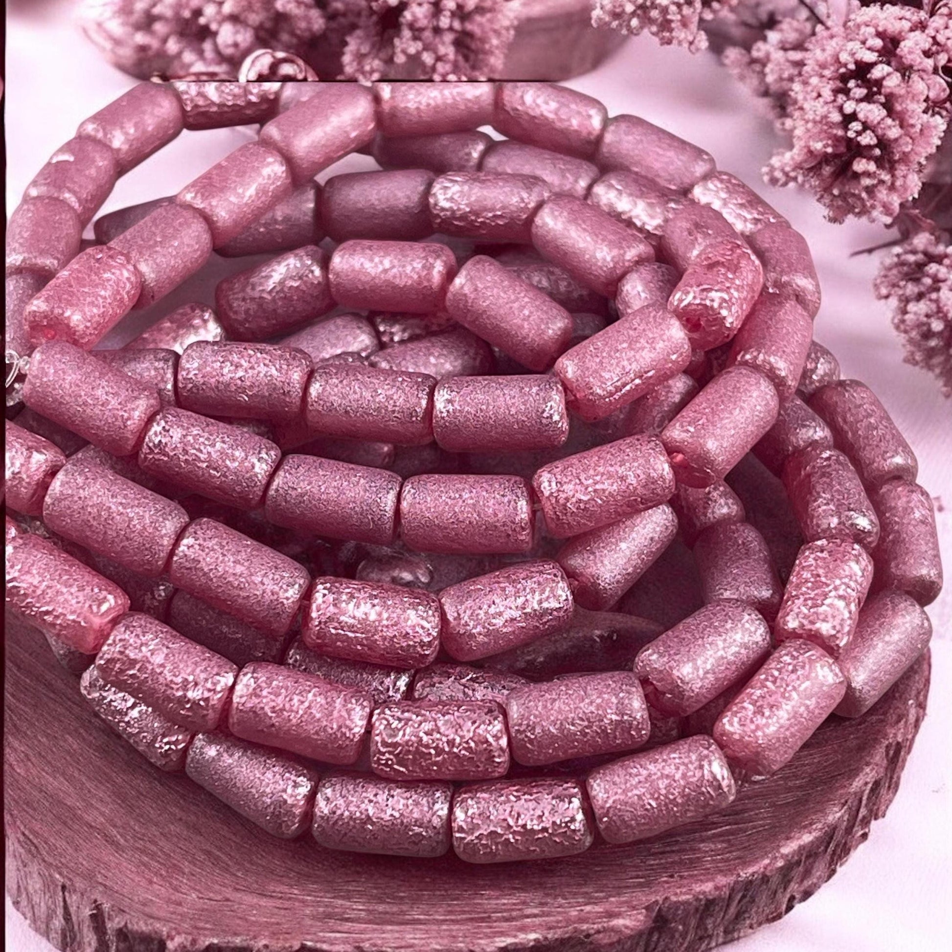 Czech Glass Beads - Etched Pink 9x5mm Tube Bead, Pink Glass with Metallic Pink Wash (TBE/N-2117) * Qty. 16
