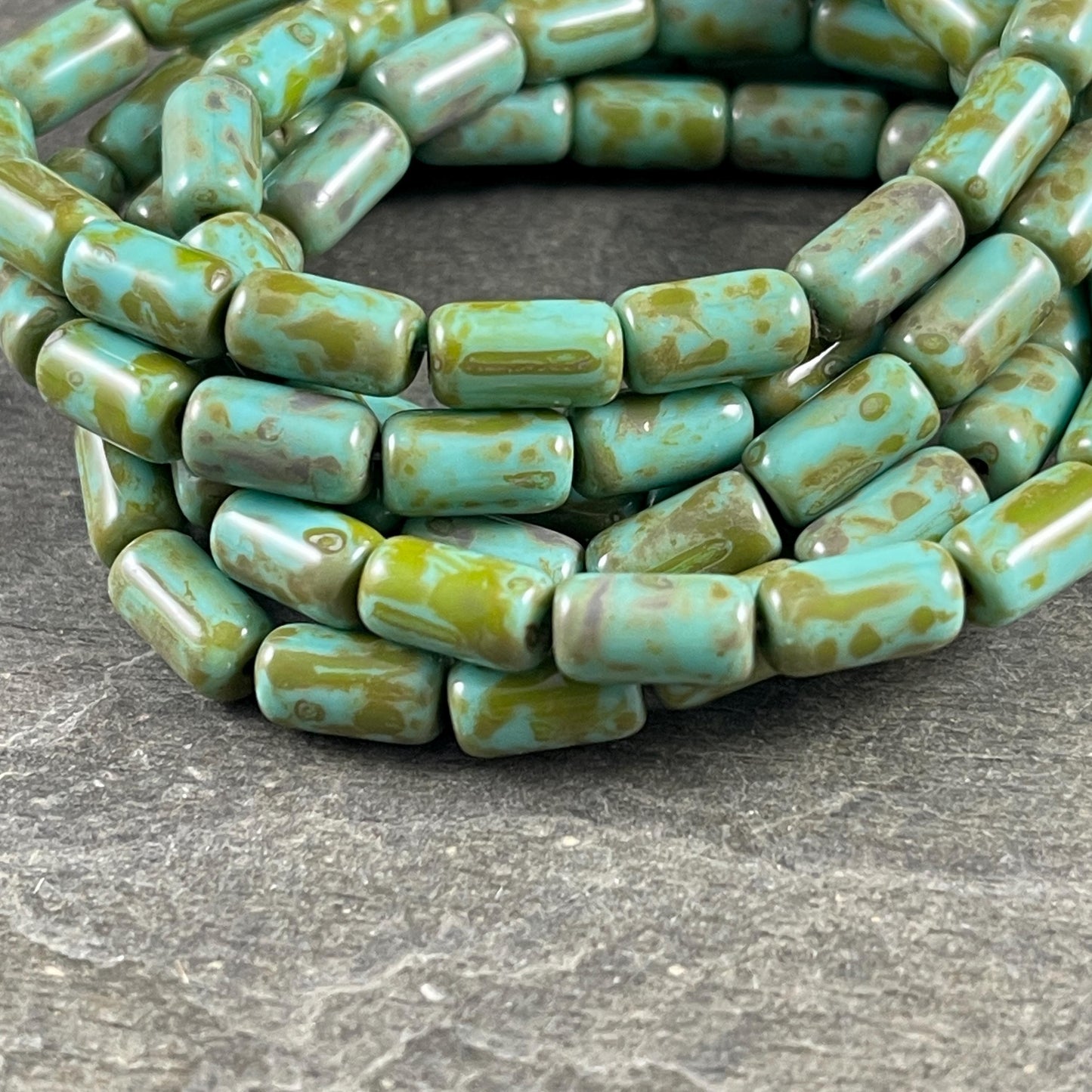 Czech Glass Beads - Turquoise Picasso 9x5mm Tube Bead, Tea Green with Picasso Finish (TBE/N-2119) * Qty. 16