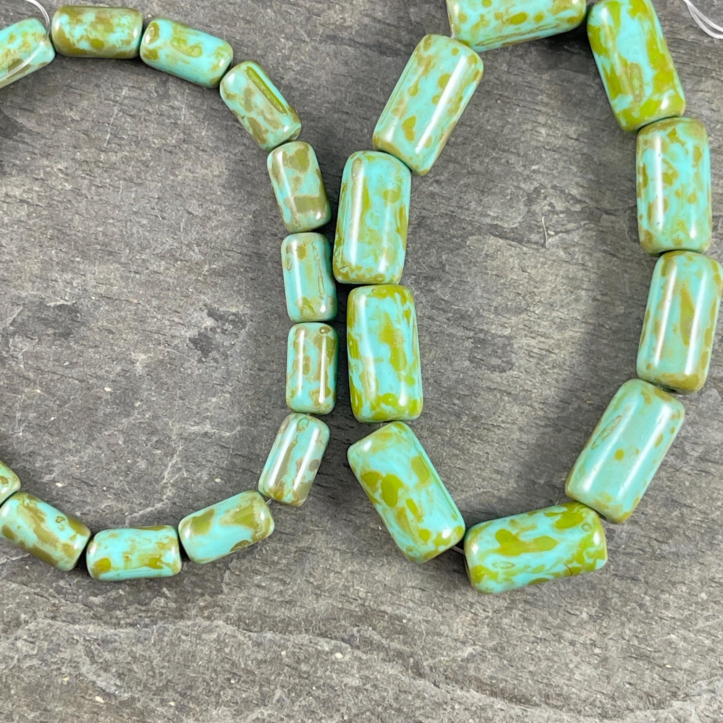 Czech Glass Beads - Turquoise Picasso 9x5mm Tube Bead, Tea Green with Picasso Finish (TBE/N-2119) * Qty. 16