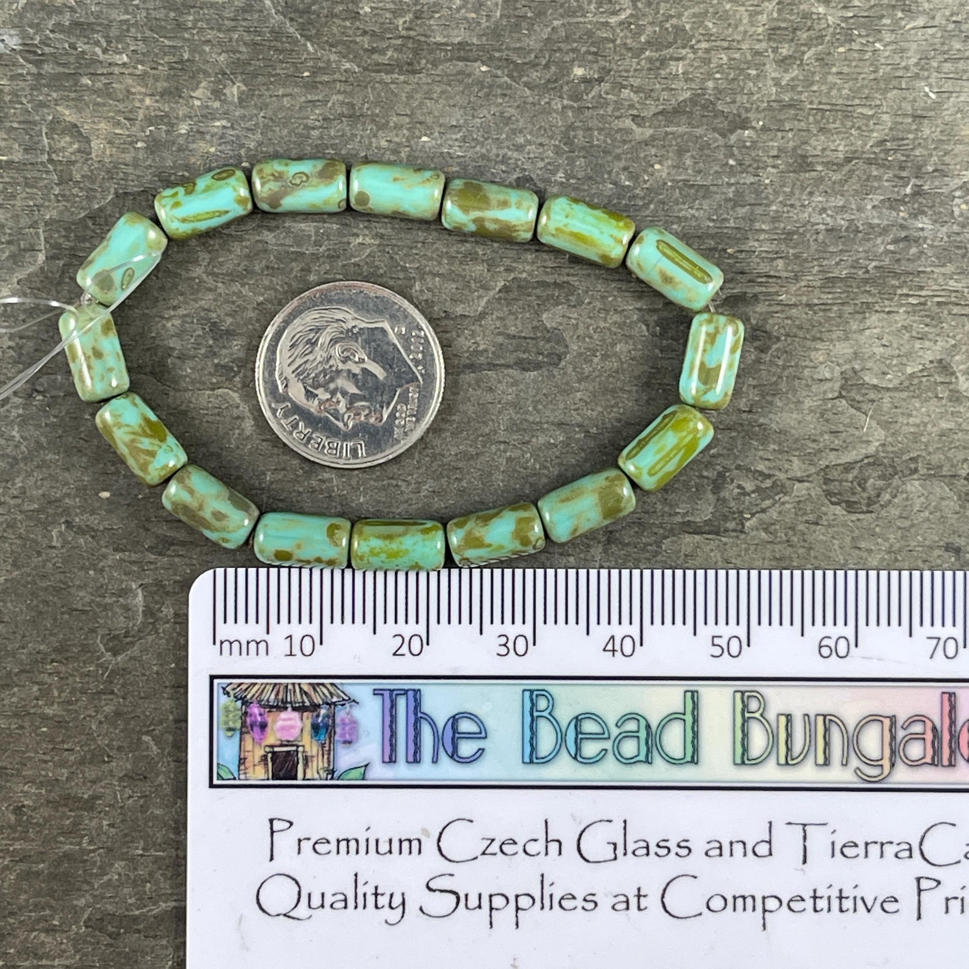 Czech Glass Beads - Turquoise Picasso 9x5mm Tube Bead, Tea Green with Picasso Finish (TBE/N-2119) * Qty. 16