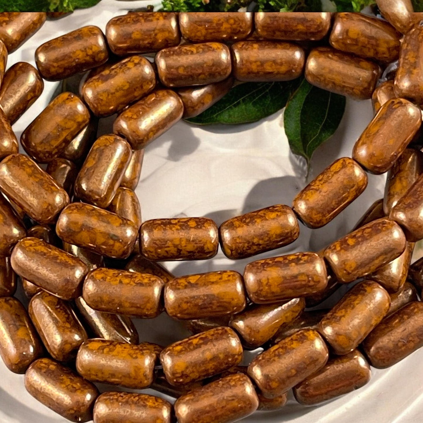 Czech Glass Beads - Dark Orange and Bronze 9x5mm Tube Bead, Burnt Orange with Bronze Picasso (TBE/N-2107) * Qty. 16