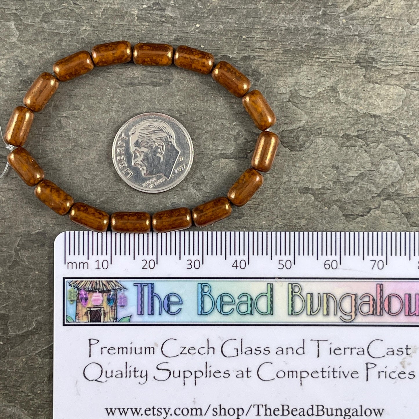 Czech Glass Beads - Dark Orange and Bronze 9x5mm Tube Bead, Burnt Orange with Bronze Picasso (TBE/N-2107) * Qty. 16