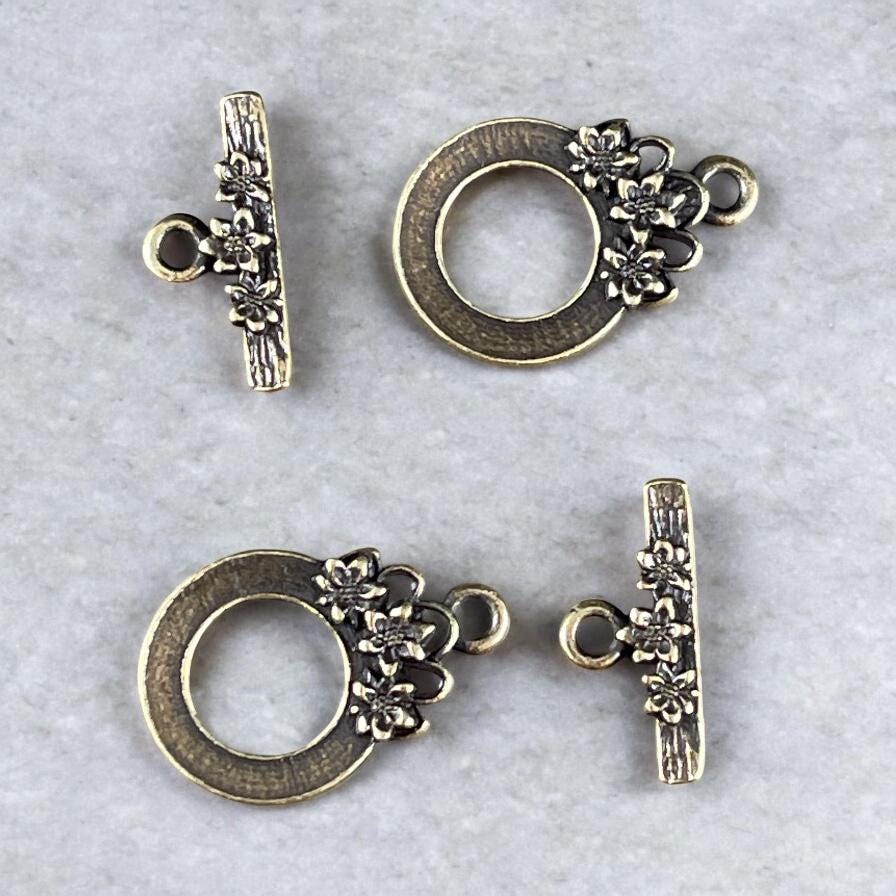 TierraCast Antiqued Brass Toggle Clasp, Blossom Collection, 17x21mm Medium Size Clasp with Floral Design (PF/1071-57) * Qty. 2