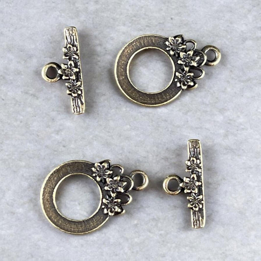 TierraCast Antiqued Brass Clasp, 17x21mm Toggle Clasp with Floral Design (PF/1071-57) * Qty. 2