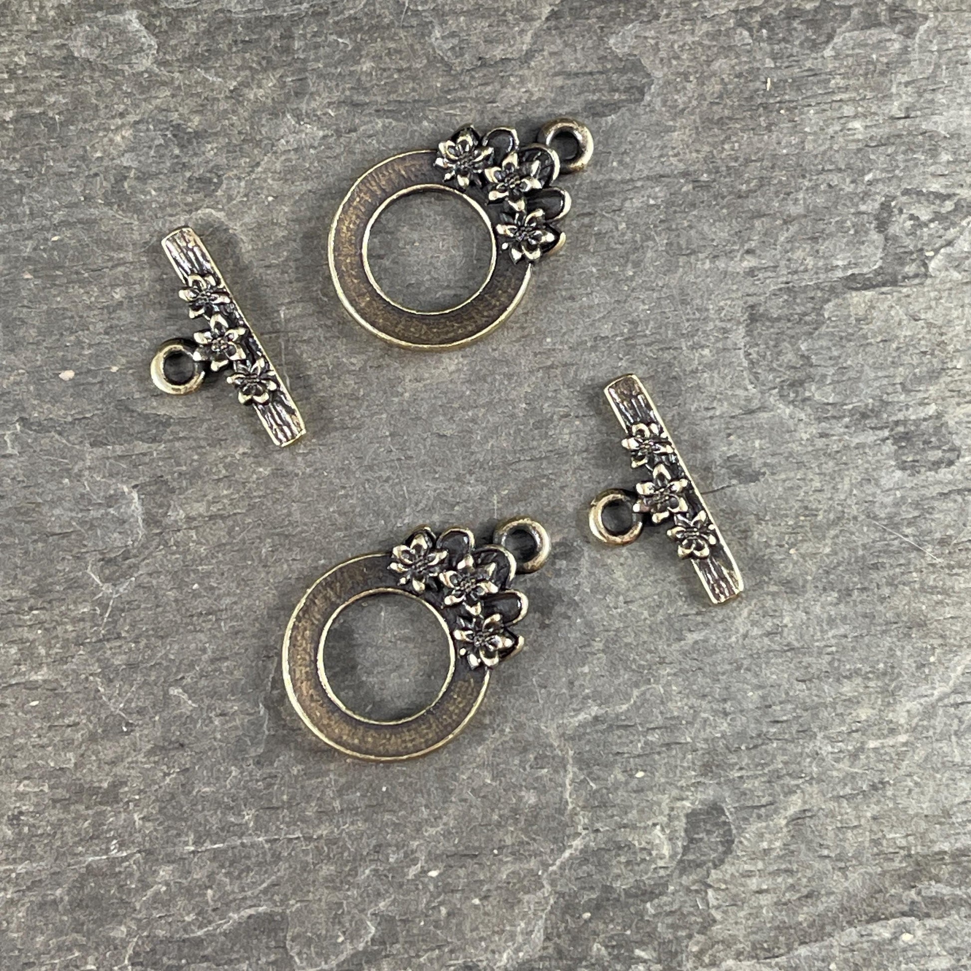 TierraCast Antiqued Brass Toggle Clasp, Blossom Collection, 17x21mm Medium Size Clasp with Floral Design (PF/1071-57) * Qty. 2
