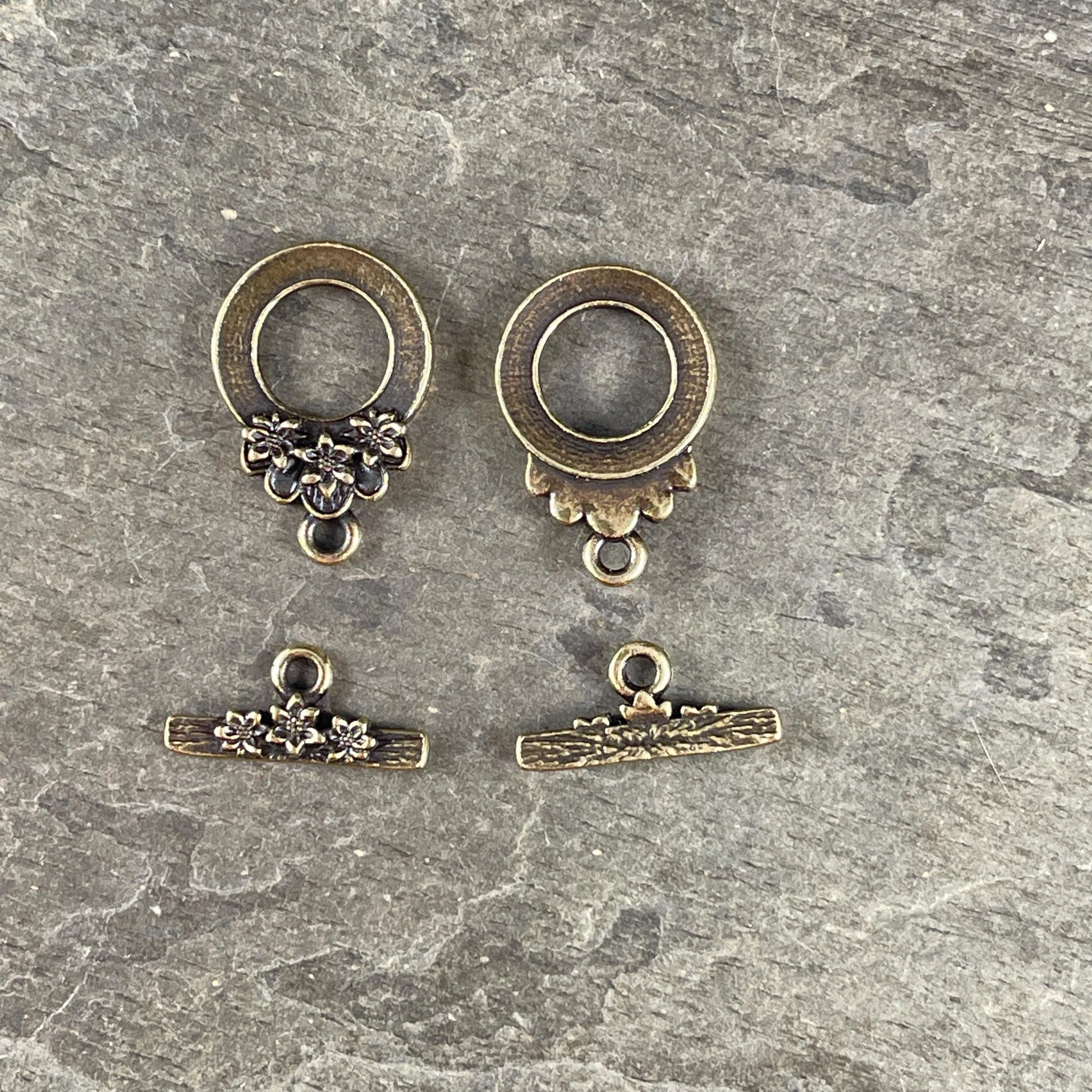 TierraCast Antiqued Brass Toggle Clasp, Blossom Collection, 17x21mm Medium Size Clasp with Floral Design (PF/1071-57) * Qty. 2