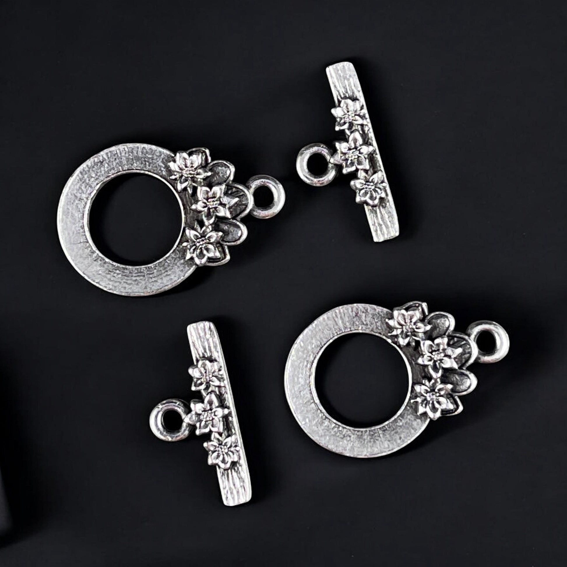TierraCast Antiqued Silver Toggle Clasp, Blossom Collection, 17x21mm Medium Size Clasp with Floral Design (PF/1071-77) * Qty. 2