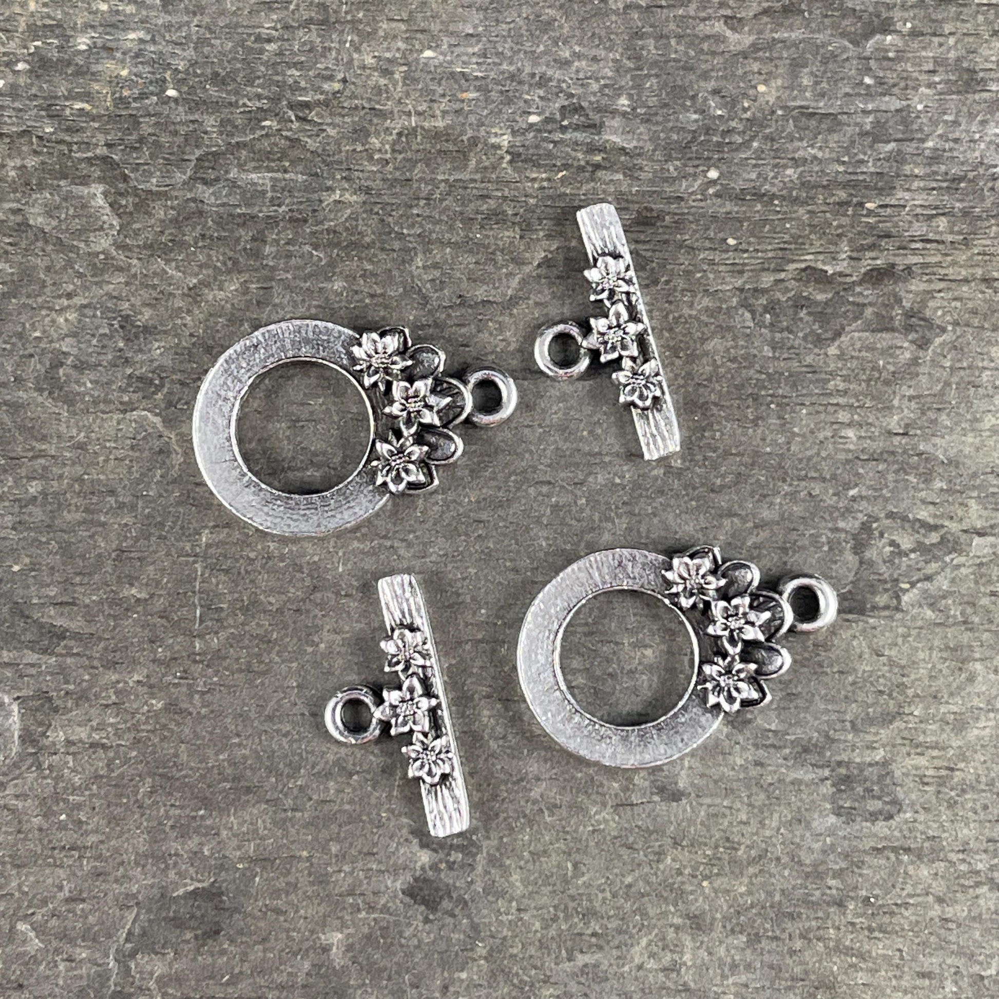 TierraCast Antiqued Silver Toggle Clasp, Blossom Collection, 17x21mm Medium Size Clasp with Floral Design (PF/1071-77) * Qty. 2