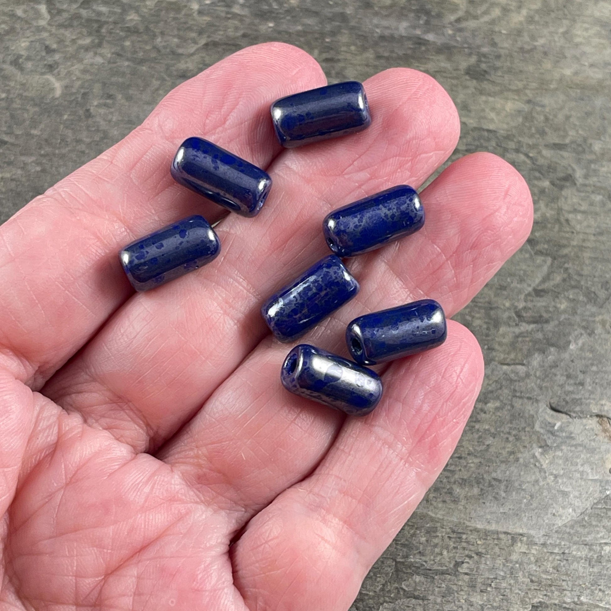 Czech Glass Beads - 14x7mm Large Hole Tube Bead, Cobalt Blue with Silver Picasso Finish, 2mm Hole (TUBE/N-2131) * Qty. 10