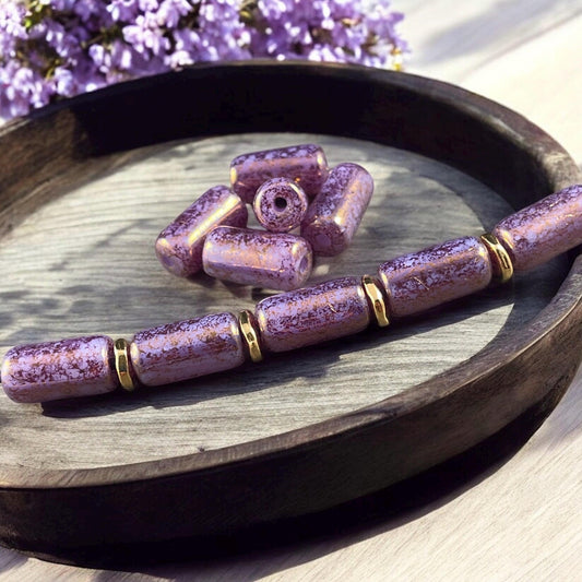 Czech Glass Beads - 14x7mm Large Hole Tube Bead, Purple Thistle with Plum Picasso Finish, 2mm Hole (TUBE/N-2126) * Qty. 10