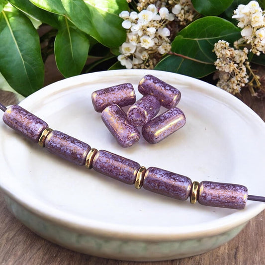 Czech Glass Beads - 14x7mm Large Hole Tube Bead, Purple Thistle with Plum Picasso Finish, 2mm Hole (TUBE/N-2126) * Qty. 10