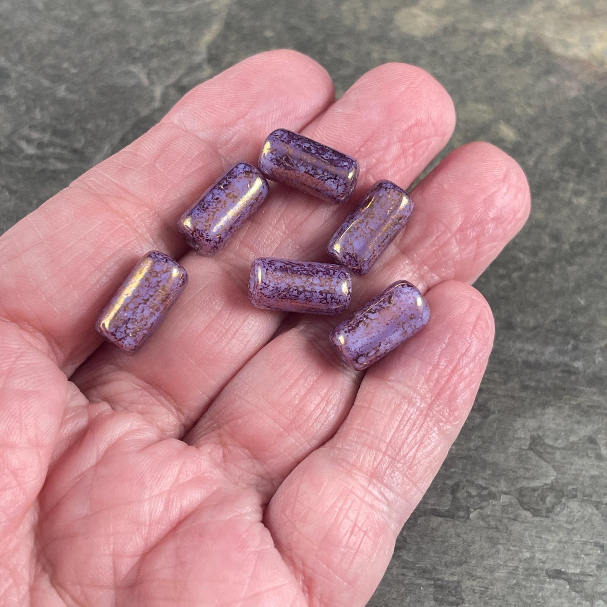 Czech Glass Beads - 14x7mm Large Hole Tube Bead, Purple Thistle with Plum Picasso Finish, 2mm Hole (TUBE/N-2126) * Qty. 10